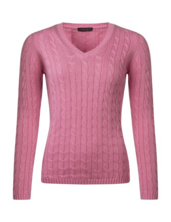 Ladies Great & British Knitwear 100% Cotton Cable & Rib V Neck Jumper