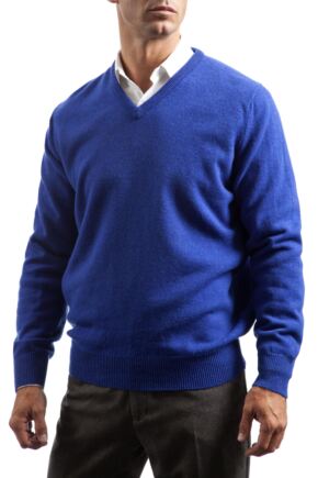 Mens Great & British Knitwear 100% Lambswool Plain V Neck Jumper Blue Shades
