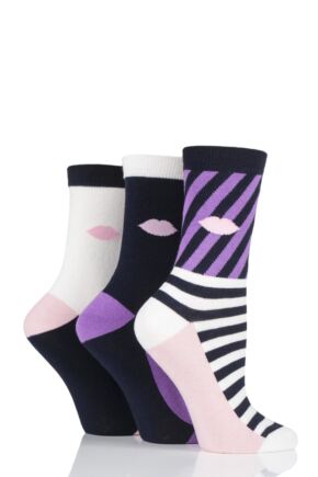 Ladies 3 Pair Lulu Guinness Lips and Broad Stripes Cotton Socks