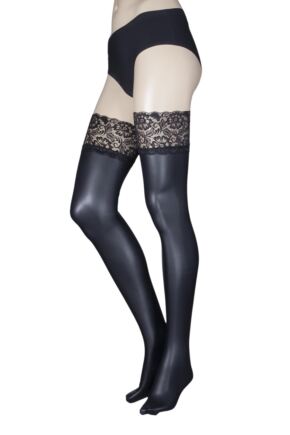 Ladies 1 Pair Trasperenze Allen Leather Look Lace Top Hold Ups