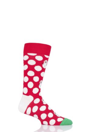 Mens and Ladies 1 Pair Happy Socks Christmas Big Dot Snowman Combed Cotton Socks