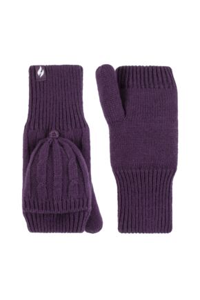 Ladies 1 Pair SOCKSHOP Heat Holders Ash Cable Knit Converter Mittens Purple One Size