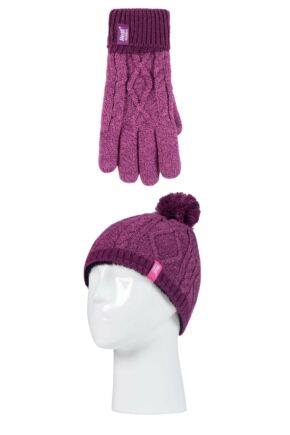 Kids 1 Pack SOCKSHOP Heat Holders Diamond Pom Pom Hat & Gloves