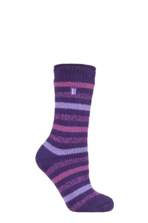 Ladies 1 Pair SOCKSHOP Heat Holders 2.3 TOG Patterned Thermal Socks Rosebud Stripe Purple 4-8 Ladies