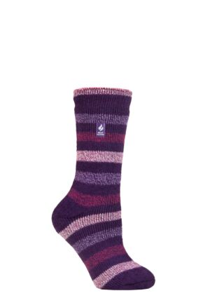 Ladies 1 Pair SOCKSHOP Heat Holders 2.3 TOG Patterned Thermal Socks Delamere Stripe Purple 4-8