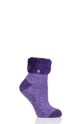 Ladies 1 Pair Heat Holders Lounge Feather Turn Over Cuff Socks Purple 4-8 Ladies