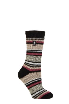 Ladies 1 Pair SOCKSHOP Heat Holders 2.3 TOG Patterned Thermal Socks Geneva Multi Stripe Black Oat 4-8