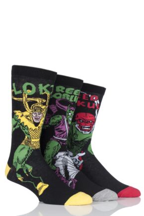 Mens 3 Pair SOCKSHOP Marvel Villains Green Goblin, Red Skull and Loki Cotton Socks