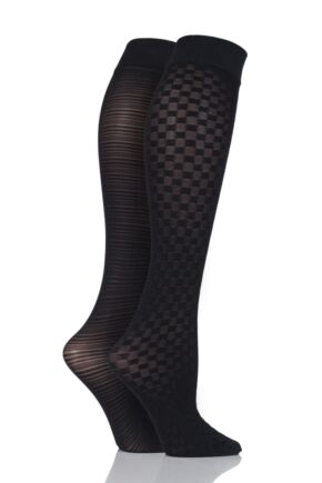 Ladies 2 Pair Charnos Chequered and Stripe Opaque Knee High Socks