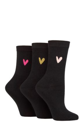 Ladies 3 Pair Caroline Gardner Patterned Cotton Socks Black Heart 4-8 Ladies