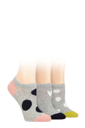 Ladies 3 Pair Caroline Gardner Patterned Cotton Trainer Socks Grey Spots 4-8 Ladies