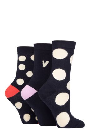 Ladies 3 Pair Caroline Gardner Patterned Cotton Socks Navy Spots 4-8 Ladies