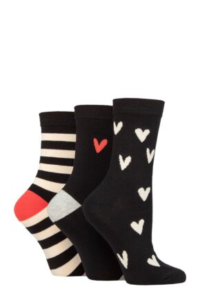 Ladies 3 Pair Caroline Gardner Patterned Cotton Socks Black Stripe & Heart 4-8 Ladies