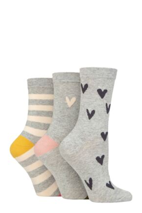 Ladies 3 Pair Caroline Gardner Patterned Cotton Socks Grey Stripe & Heart 4-8 Ladies