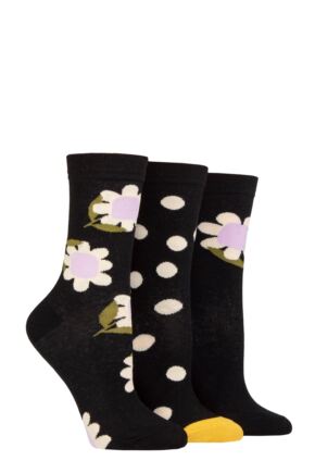 Ladies 3 Pair Caroline Gardner Patterned Cotton Socks Black Flowers 4-8 Ladies