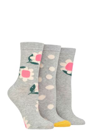 Ladies 3 Pair Caroline Gardner Patterned Cotton Socks Grey Flowers 4-8 Ladies