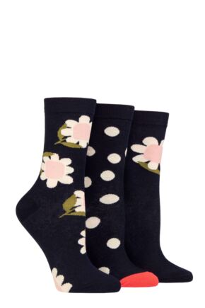 Ladies 3 Pair Caroline Gardner Patterned Cotton Socks Navy Flowers 4-8 Ladies