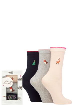 Ladies 3 Pair Caroline Gardner Christmas Gift Boxed Embroidered Socks