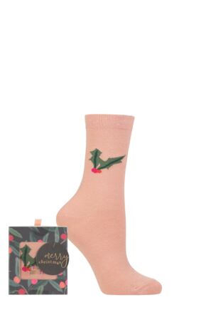 Ladies 1 Pair Caroline Gardner Christmas Foliage Gift Boxed Cotton Socks Holly 4-8