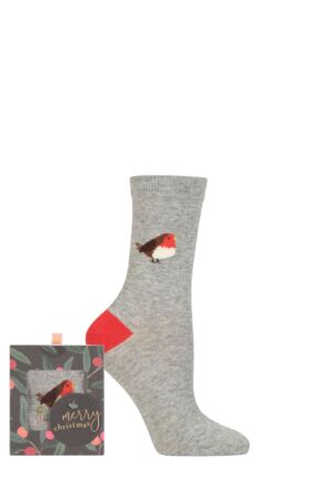 Ladies 1 Pair Caroline Gardner Christmas Foliage Gift Boxed Cotton Socks Robin 4-8