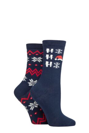 Ladies 2 Pair Charnos Ho Ho Ho & Fairisle Christmas Cotton Socks