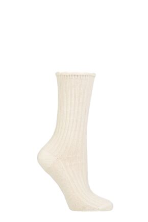 Ladies 1 Pair Charnos Rib Scallop Top Cosy Wool Socks Cream One Size