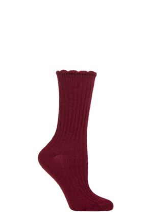 Ladies 1 Pair Charnos Rib Scallop Top Cosy Wool Socks Wine One Size