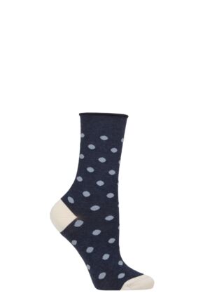 Ladies 1 Pair Charnos Mercerised Cotton Spot Roll Top Socks Blue Mix One Size