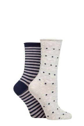 Ladies 2 Pair Charnos Organic Cotton Spot and Stripe Socks White One Size