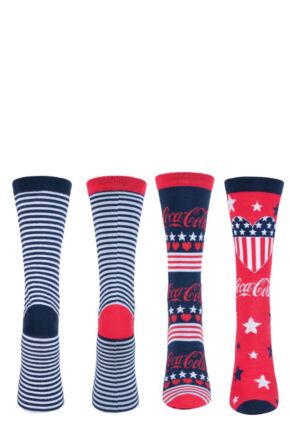 Ladies 2 Pair Coca Cola Striped and Patterned Cotton Socks Red 4-8