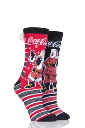 Ladies 2 Pair Coca Cola Santa Crew Socks