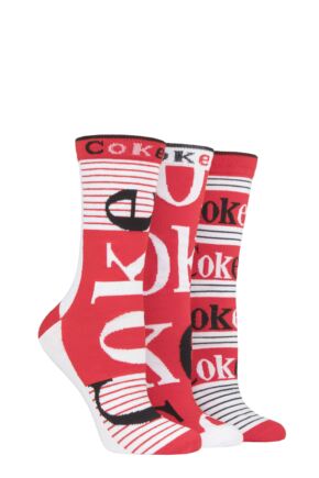 Ladies 3 Pair Coca Cola Striped Tube Socks Red 4-8 Ladies