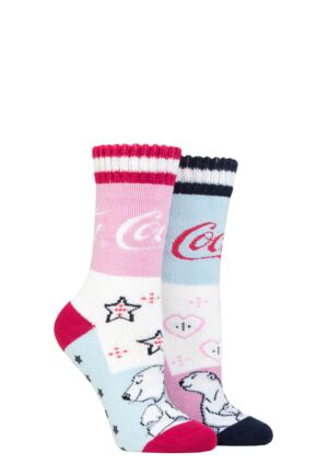 Ladies 2 Pair Coca Cola Love Polar Bear Slipper Socks