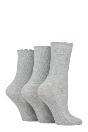 Ladies 3 Pair Glenmuir Scallop Hem Ribbed Bamboo Socks Grey Pink / Mint / Blue 4-8