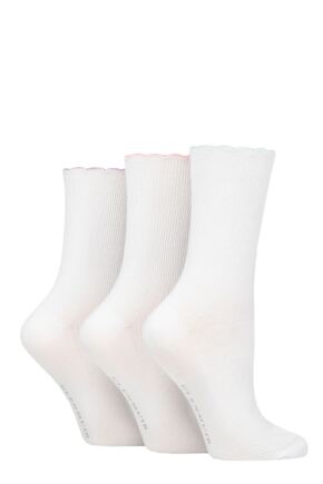 Ladies 3 Pair Glenmuir Scallop Hem Ribbed Bamboo Socks White Lilac / Pink / Mint 4-8