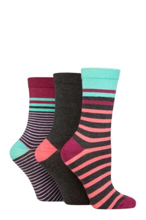 Women's 3 Pair Glenmuir Patterned Bamboo Socks Stripe Charcoal 4-8 Ladies