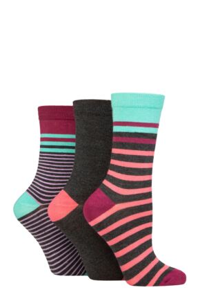 Ladies 3 Pair Glenmuir Patterned Bamboo Socks Stripe Charcoal 4-8 Ladies