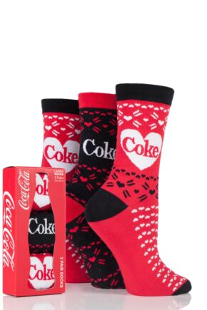 Ladies 3 Pair Coca Cola Heart Design Cotton Socks In Gift Box Red 4-8 Ladies