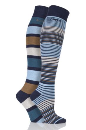 Ladies 2 Pair Elle Striped Cotton Knee High Socks