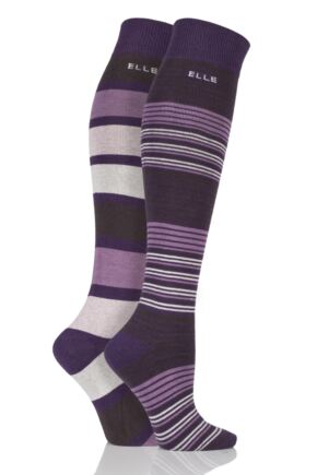 Ladies 2 Pair Elle Striped Cotton Knee High Socks