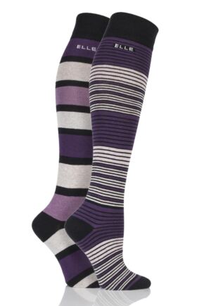 Ladies 2 Pair Elle Striped Cotton Knee High Socks Black 4-8 Ladies