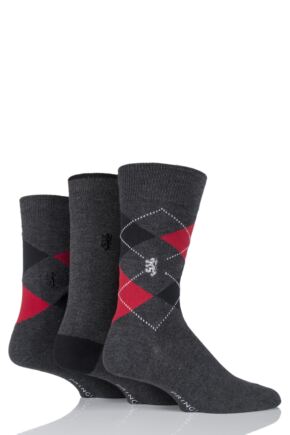 Mens 3 Pair Pringle Black Label Bamboo Patterned, Argyle and Striped Socks Charcoal 7-11 Mens