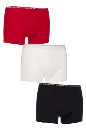 BJORN BORG 3 TO GO SOLID COLOURS BOXER SHORTS IN RED, WHITE AND BLACK