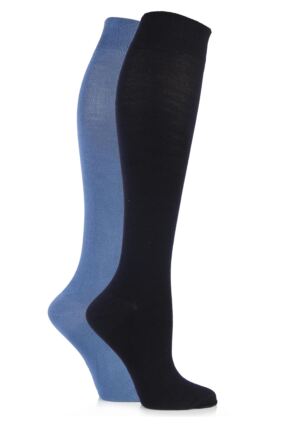 Ladies 2 Pair SOCKSHOP Plain and Patterned Bamboo Knee High Socks with Smooth Toe Seams Navy