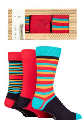 Mens 3 Pair Glenmuir Patterned and Plain Gift Boxed Bamboo Socks Red Stripe 7-11 Mens