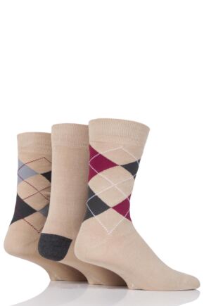 Mens 3 Pair Glenmuir Classic Bamboo Argyle Socks Beige 7-11 Mens