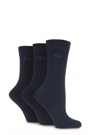 Ladies 3 Pair Pringle Jean Plain Comfort Cuff Cotton Socks Navy