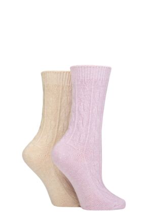 Ladies 2 Pack Pringle Cashmere and Merino Wool Blend Luxury Socks Cable Knit Light Lilac / Beige 4-8