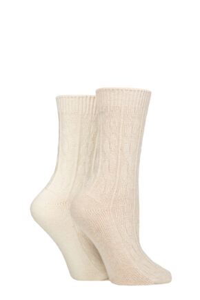 Ladies 2 Pack Pringle Cashmere and Merino Wool Blend Luxury Socks Cable Knit Beige / Snow 4-8