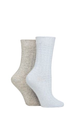 Ladies 2 Pack Pringle Cashmere and Merino Wool Blend Luxury Socks Basket Knit Light Blue / Light Grey 4-8